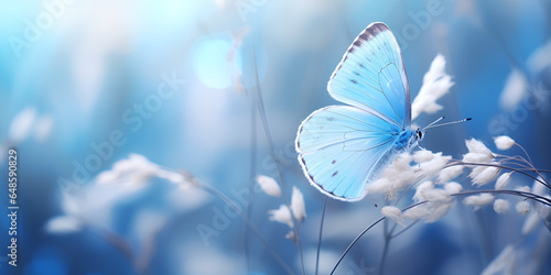 Delicate flowers of white clover and butterfly in pastel colors spring summer blur macro background