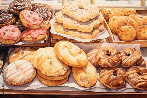 Watercolor artwork showcasing cookies and pastries. Generative AI