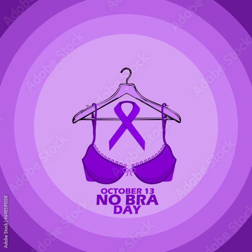 A purple bra that is not worn and is hanging on a clothes hanger, with a purple ribbon and bold text on light purple background to commemorate National No Bra Day on October 13