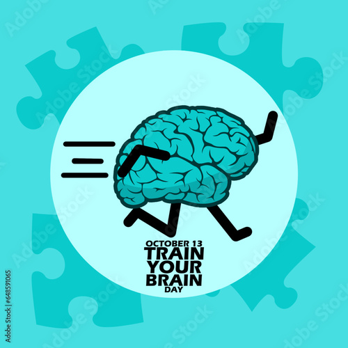 A cute brain that is running trains itself with bold text in circle frame with several puzzles on light blue background to commemorate National Train Your Brain Day on October 13