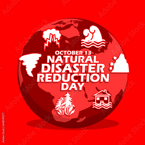An Earth with disaster icons such as tsunami, landslide, flood, forest fire, hurricane and bad weather on red background to commemorate Natural Disaster Reduction International Day on October 13