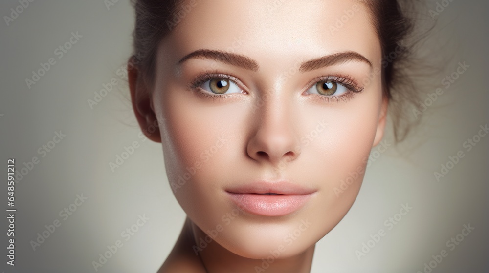 Beautiful young woman with clean perfect skin. Portrait of beauty model with natural nude make up and touching her face. Spa, skincare and wellness. generative ai Beautiful young woman with clean perfect skin. Portrait of beauty model with natural nude make up and touching her face. Spa, skincare and wellness. generative ai