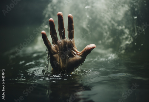 Underwater scene of hand trying to call for help. Selective focus of a hand in the water in naturalistic realism. Hand with outstretched fingers that reflects the tension of the gesture.