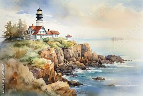 Watercolor artwork featuring a lighthouse amidst a scenic seascape. Generative AI