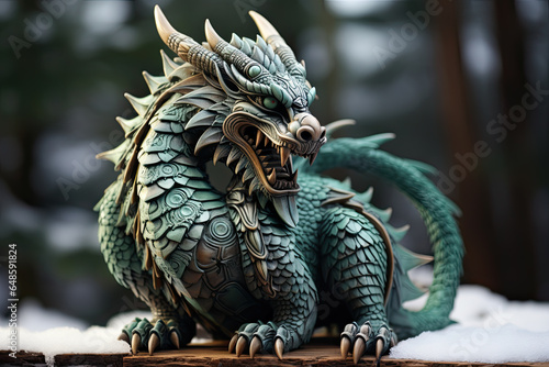 Small figurine of fearsome green wooden dragon in winter forest is symbol of the year 2024