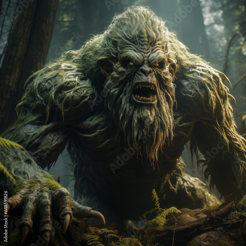 A forest monster covered with moss and with clawed hands