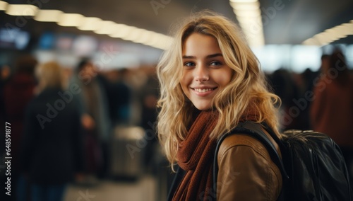 stylish hipster solo traveller female adult woman happiness cheerful stading in railway train platform station terminal waiting for arrival train sunset moment