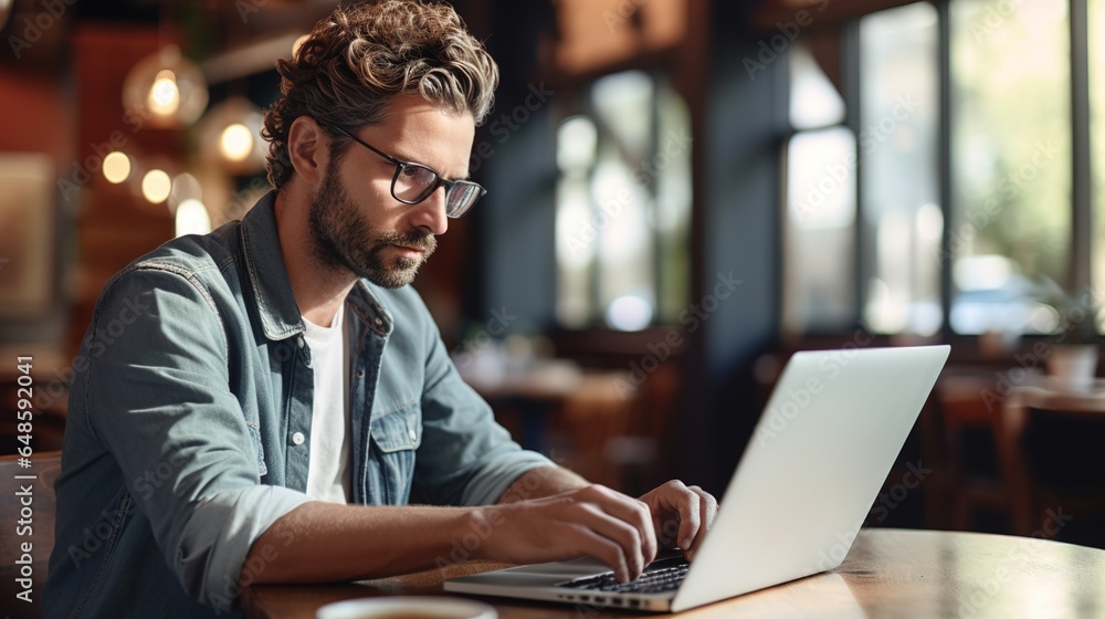 Business portrait of a businessman working on a laptop computer in his office. Man of mature age, middle age, or middle adulthood with a cheerful, confident smile. generative ai Business portrait of a businessman working on a laptop computer in his office. Man of mature age, middle age, or middle adulthood with a cheerful, confident smile. generative ai