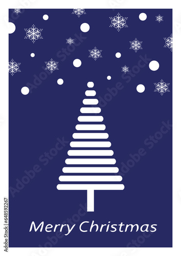 Blue greeting card with christmas tree and snowflakes