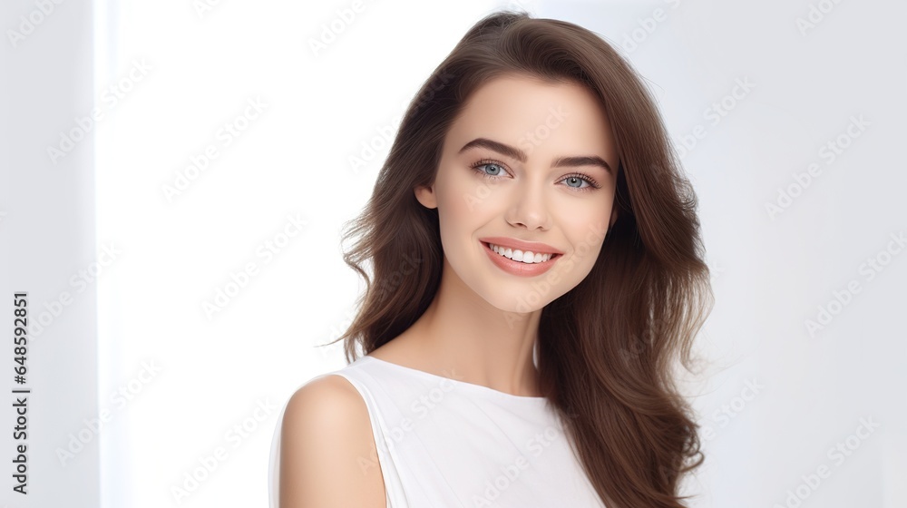 Portrait of smiling girl enjoying beauty treatment on beige background. Beautiful natural woman looking at copy space, spa and wellness concept. generative ai Portrait of smiling girl enjoying beauty treatment on beige background. Beautiful natural woman looking at copy space, spa and wellness concept. generative ai