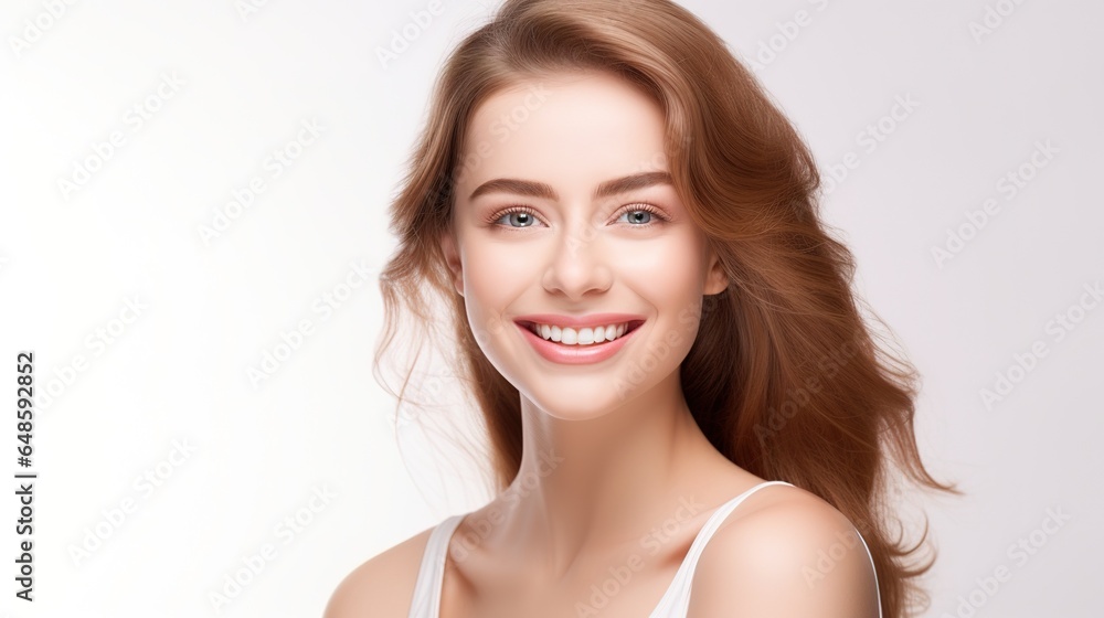 Portrait of smiling girl enjoying beauty treatment on beige background. Beautiful natural woman looking at copy space, spa and wellness concept. generative ai Portrait of smiling girl enjoying beauty treatment on beige background. Beautiful natural woman looking at copy space, spa and wellness concept. generative ai