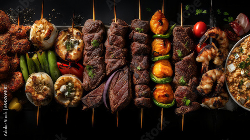 Grilled meat and vegetables on wooden sticks on a black background
