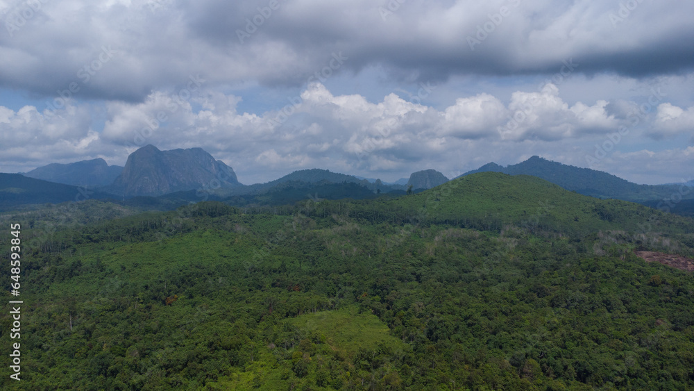 aerial view of forests and mountains being cut open for road construction in South Kalimantan