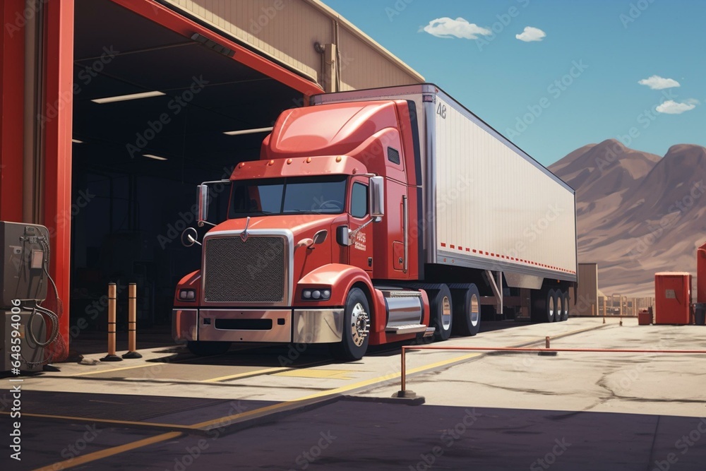 A big truck enters a storage facility with a cooling compartment. Generative AI