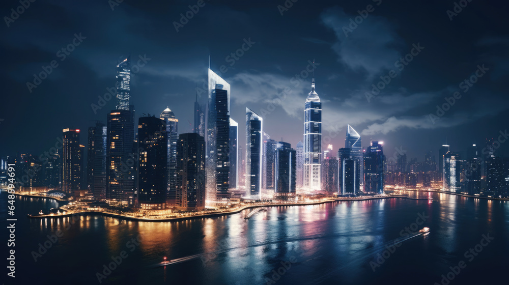 Fototapeta premium Stunning drone view of a vibrant city skyline at night, with glittering lights