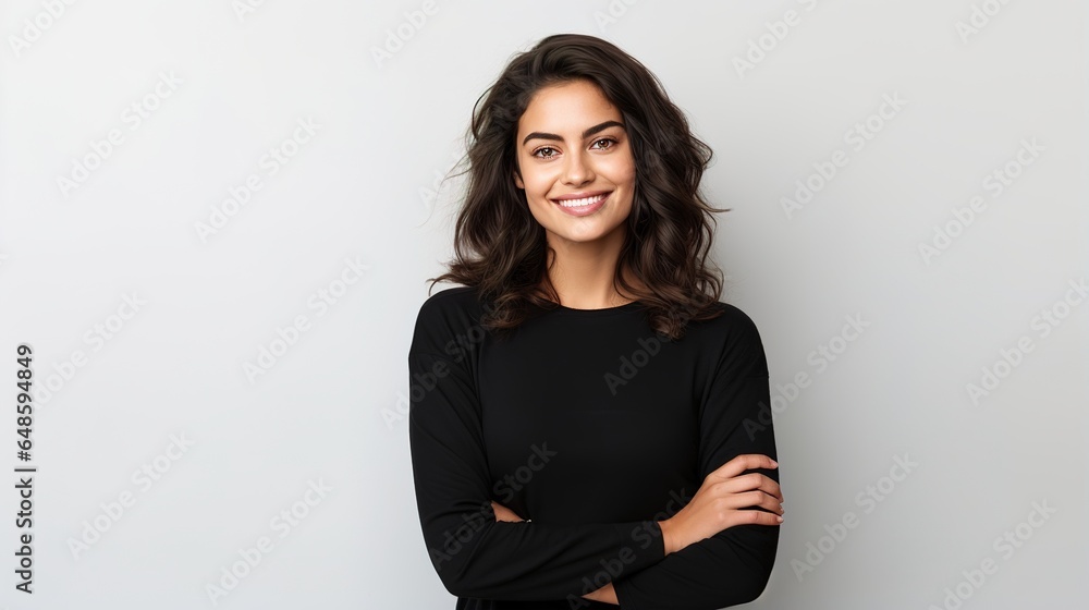 Portrait of a cheerful Latina young woman isolated on a white background with copy space. a carefree Hispanic woman smiles and looks at the camera. generative ai Portrait of a cheerful Latina young woman isolated on a white background with copy space. a carefree Hispanic woman smiles and looks at the camera. generative ai