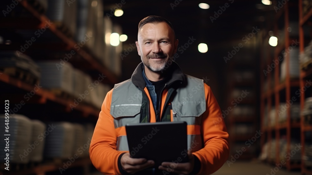 engineer using tablet in warehouse background. generative ai engineer using tablet in warehouse background. generative ai