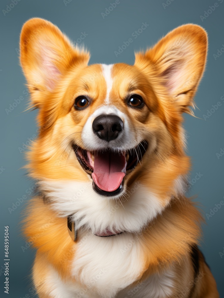 smiling corgi friendly dog studio shot on yellow background smiling corgi friendly dog studio shot on yellow background