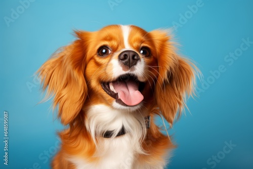 portrait studio shot cute animal pet funny smiling dog standing on color wall background