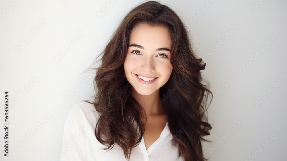 Pretty woman with beautiful and glowing skin. white background. generative ai Pretty woman with beautiful and glowing skin. white background. generative ai