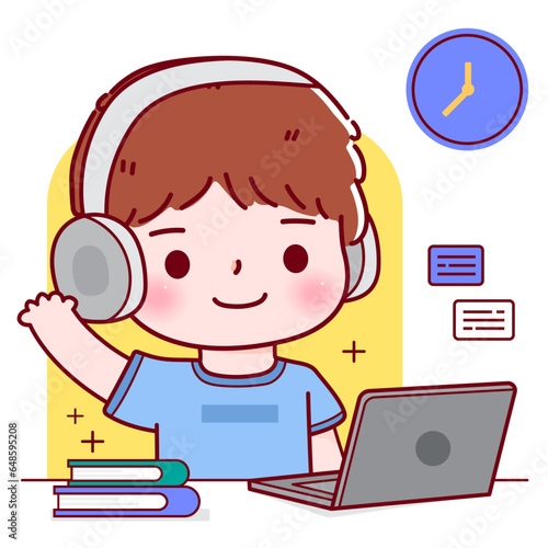 Young man wearing headphones working on the laptop computer. student or learner studying remotely from home, online student. Vector illustration in cute cartoon style.