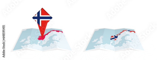 Two versions of an Norway folded map, one with a pinned country flag and one with a flag in the map contour. Template for both print and online design.