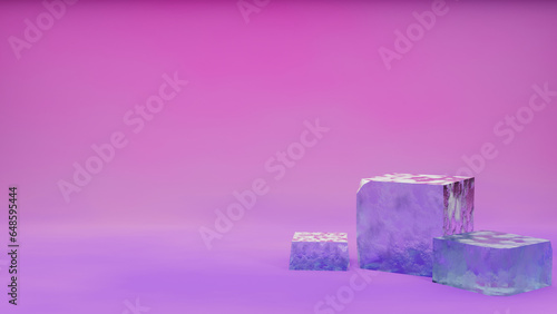 ice cube, podium, ice cubes on a nice pink and purple background. product presentation. 3d render 