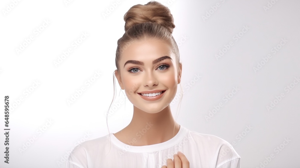 Face care, facial treatment, beautiful young woman with clean fresh skin on white background. generative ai
