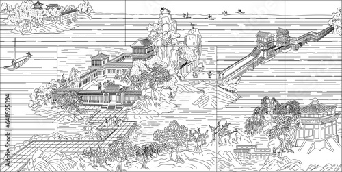 Vector sketch illustration of traditional chinese landscape ethnic painting design