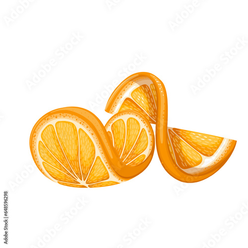 Orange slices vector illustration. Cartoon isolated round curved two circles and spiral pieces of summer citrus fruit, fresh tropical ingredients pile with vitamin C for healthy dessert, orange juice