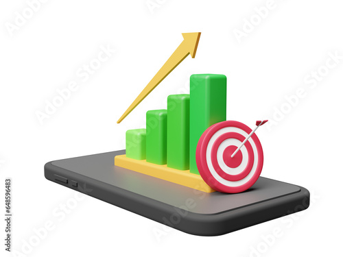 smart phone with 3d growth graph and archery target, illustration of business growth, increasing profits, stock market, target strategy