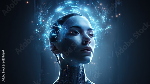 Cyborg woman with glowing brain interface on dark background 3D rendering photo