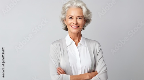 Portrait of smiling young businesswoman. Confident female executive is against white background. generative ai