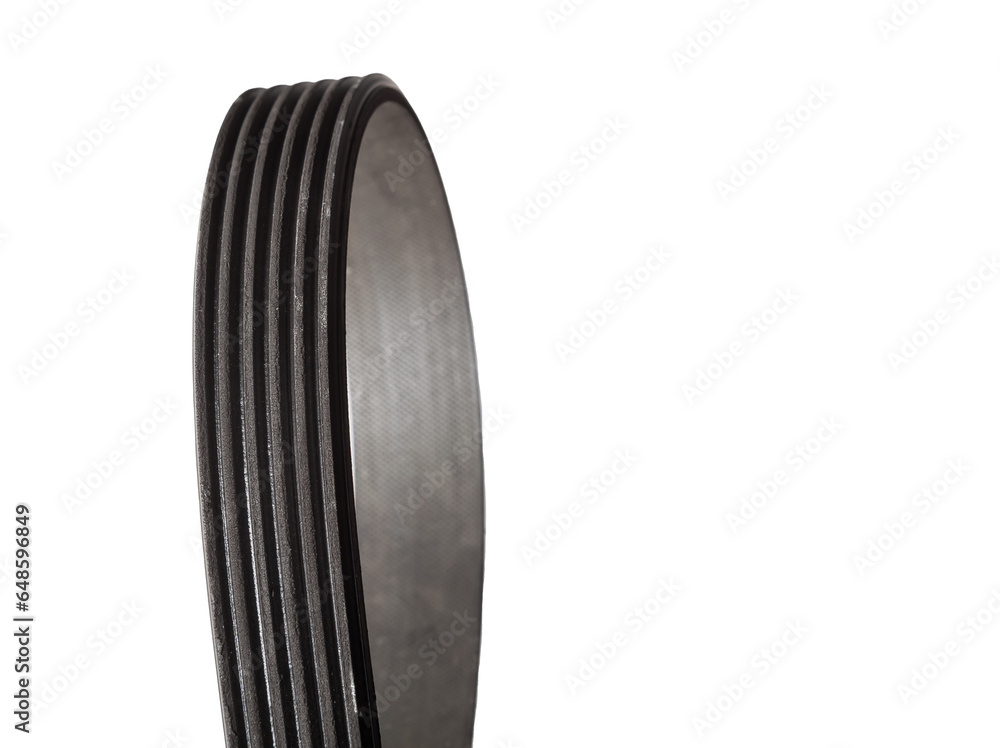 V-ribbed engine belt made of black rubber on a white isolated background in a photo studio of auto parts for replacement during repair or for a catalog of spare parts for sale on auto analysis. - obrazy, fototapety, plakaty 