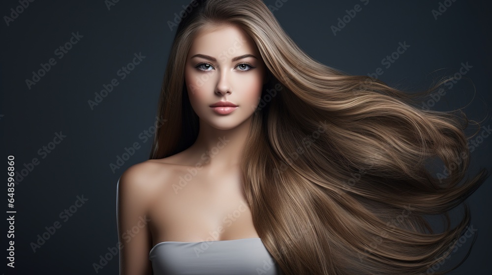 Smooth long hair woman beauty portrait over gray background. generative ai Smooth long hair woman beauty portrait over gray background. generative ai