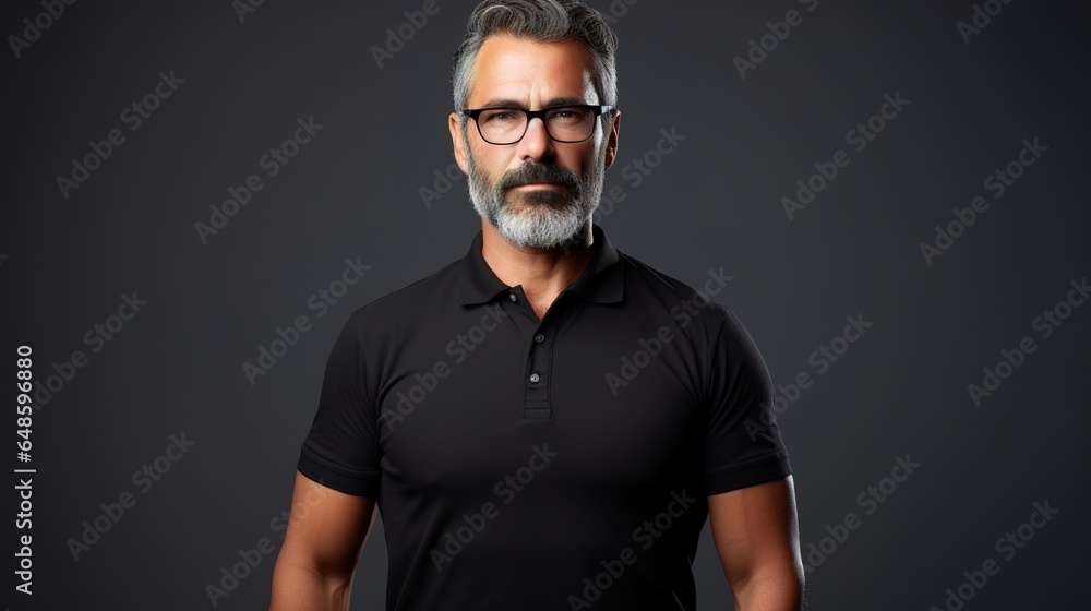 studio of A serious bearded man in a black polo shirt. From the waist up, on a white background. With short hair and spectacles. generative ai - obrazy, fototapety, plakaty 