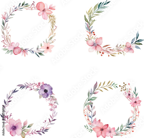 set of watercolor round flower frame illustrations, template wedding invitation card