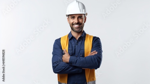 Construction worker looking to camera. isolated on white background. generative ai
