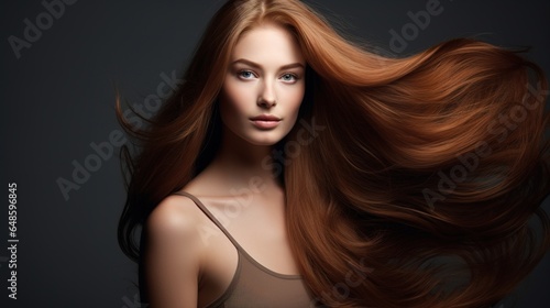 Smooth long hair woman beauty portrait over gray background. generative ai