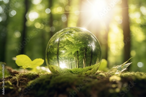 A glass ball resting on a bed of lush green moss