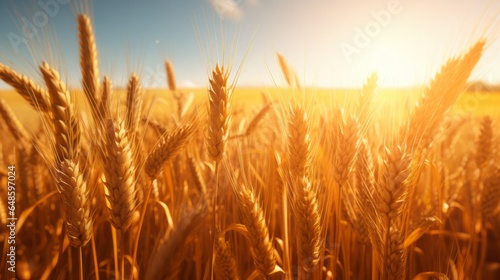 A golden wheat field with the sun shining in the background © cac_tus