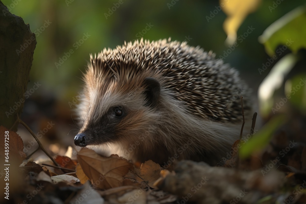 A hedgehog exploring a vibrant autumn forest A hedgehog exploring a vibrant autumn forest