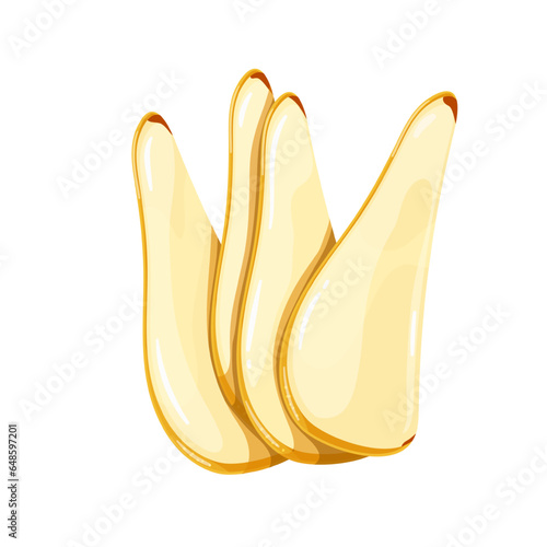 Pear slices vector illustration. Cartoon isolated fruit cut lengthwise into thin half pieces and bundle of segments, juicy chunks of sweet yellow pear for eating, cooking pie, juice or smoothie
