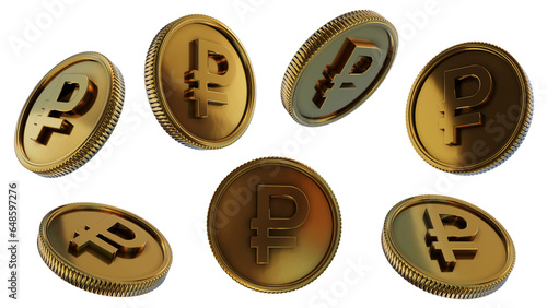 gold rubel multiple angle with transparent background. currency and investment concept . 3d rendering illustration photo