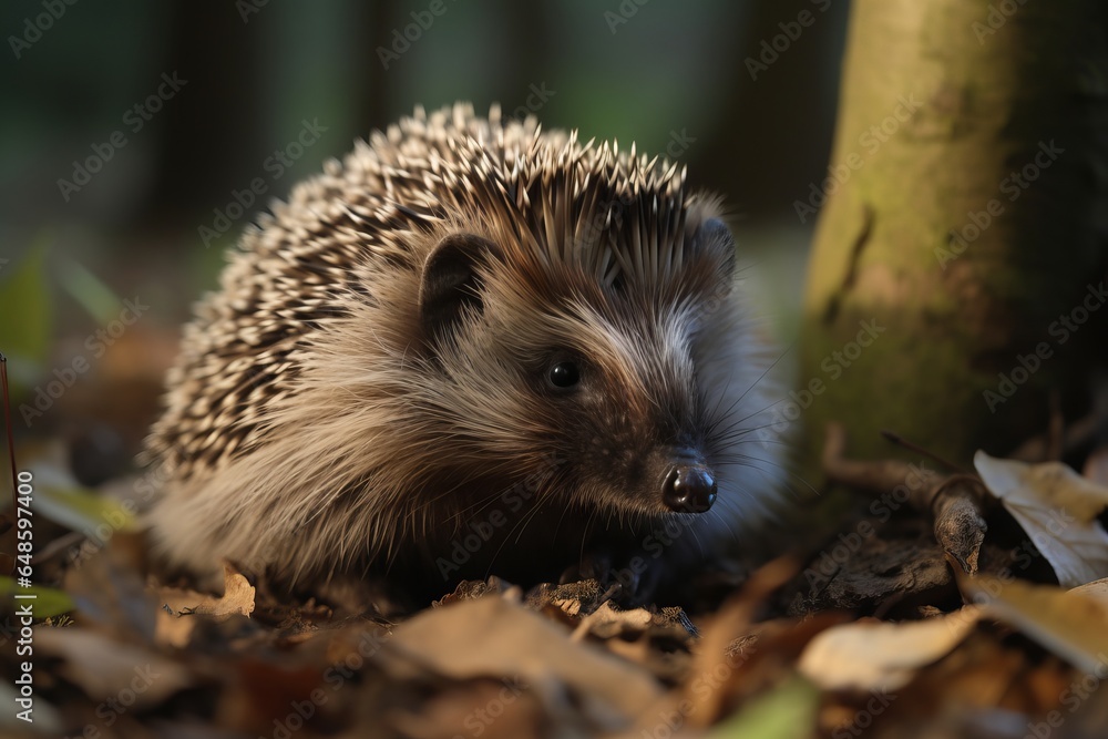 A hedgehog exploring the autumn forest floor A hedgehog exploring the autumn forest floor