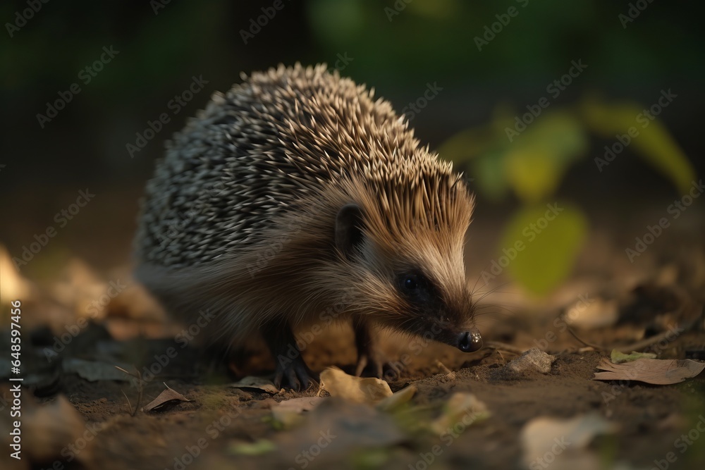 Fototapeta premium A cute hedgehog exploring the autumn leaves on the forest floor