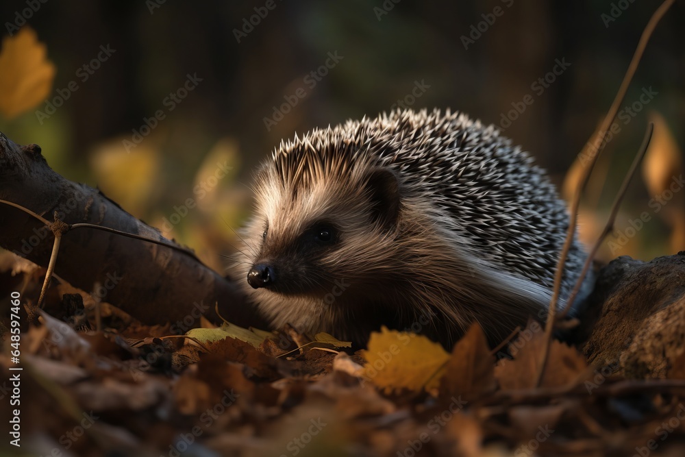 Fototapeta premium A cute hedgehog exploring the autumn leaves in the forest