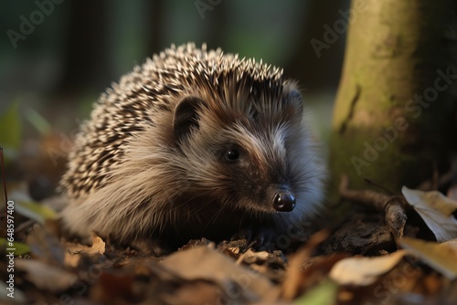 A hedgehog exploring the autumn forest floor
