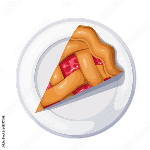 Piece of cherry pie on plate, top view vector illustration. Cartoon isolated triangle pie piece with red berry jam and shortcrust pastry lattice, portion of traditional American baked cake for dessert