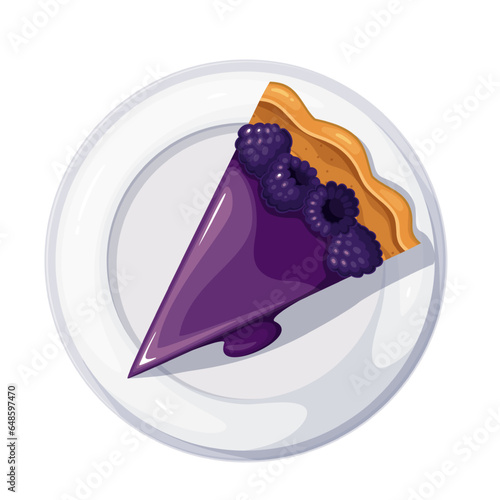 Blackberry pie slice on plate, top view vector illustration. Cartoon isolated baked cake piece with blue berry and shortcrust pastry for eating, portion of homemade sweet rustic pie for dessert
